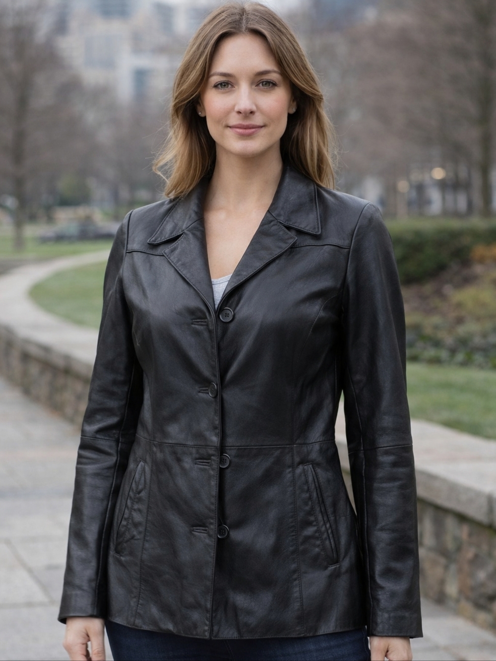 Wilsons Leather Women's Black Button-Front Leather Blazer